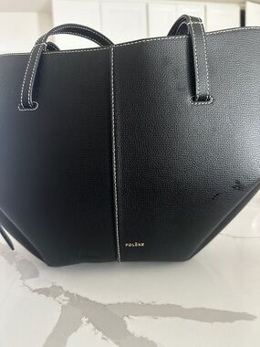 Polene Black Leather Shoulder Tote with White Contrast Stitching